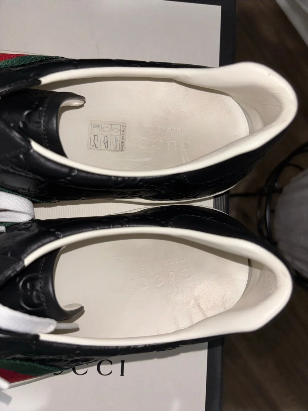 Gucci Black Leather Ace Sneaker with Green-Red Web Stripe